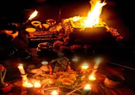 Traditional ritual fire and lamps